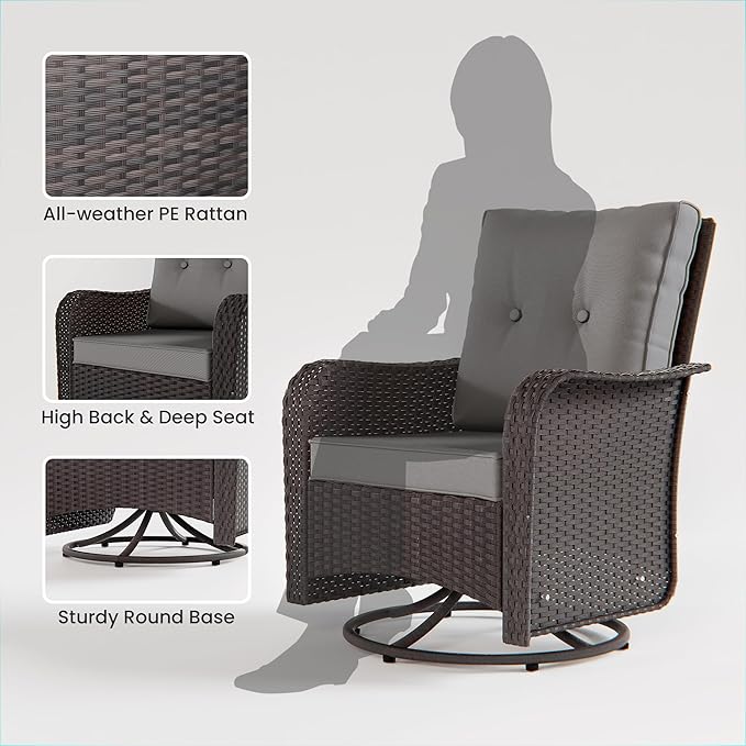 10 PCS Outdoor Patio Furniture Set,Outdoor Sectional Furniture with 43" 55000 BTU Gas Propane Fire Pit Table,All Weather PE Rattan Wicker Patio Conversation Set,Swivel Rocking Chairs Set,Grey
