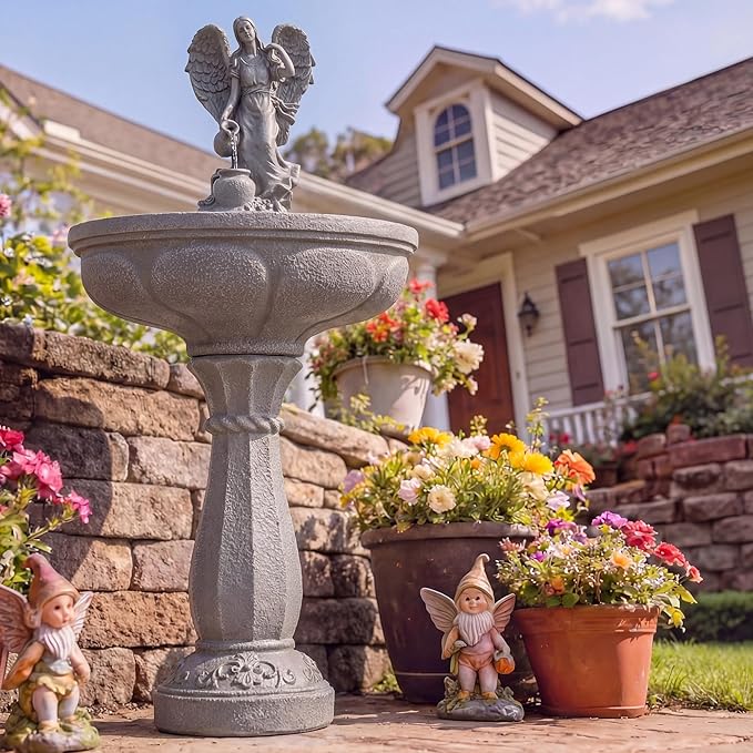Redlife 37" Outdoor Water Fountain, Angel Garden Fountain with Pouring Water, Single-Tier Pedestal Water Feature, Resin & Fiberglass, Low Noise, Easy Setup, Patio Backyard Decor, Grey