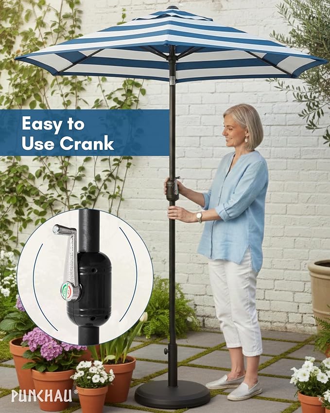 6 Ft Outdoor Patio Umbrella, Easy to Open/Close Crank and Push Button Tilt Adjustment - Navy Blue Striped Market Umbrellas