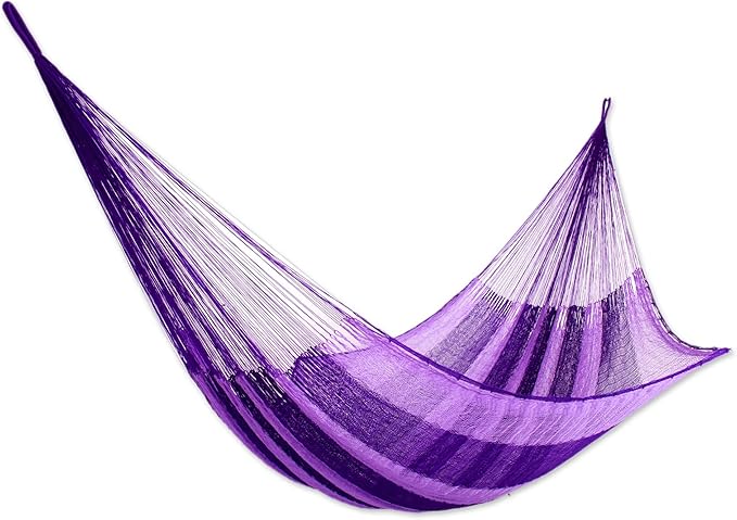 NOVICA Bright Purple Striped Hand Woven Nylon Mayan 2 Person XL Rope Hammock with Hanging Accessories, 'Lilac Blossom' (Double)