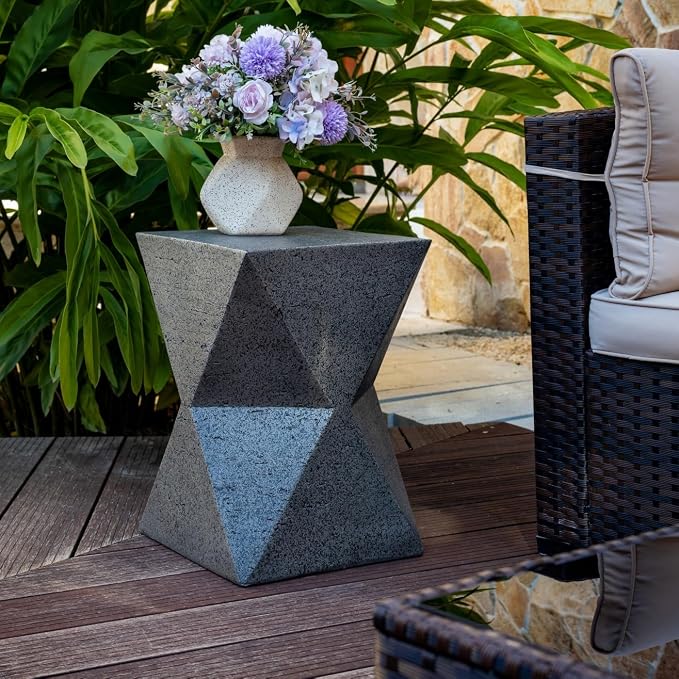 Outdoor Side Table – Lightweight Stone Patio Coffee Stand, Concrete End Table for Backyard, Balcony (Rhombus)