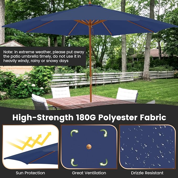 Tangkula 10FT Patio Umbrella, Outdoor Table Market Umbrella w/8 Wooden Ribs, 3 Adjustable Heights, Rope Pulley System, Detachable Pole, Wooden Patio Umbrella for Garden, Poolside, Backyard (Navy)