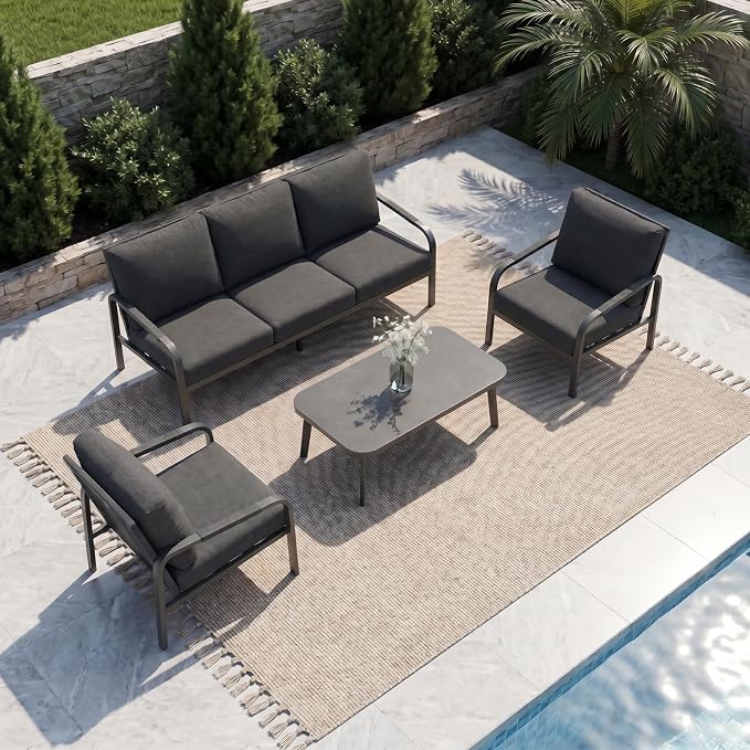 4-Piece Aluminum Outdoor Sofa Set with Coffee Table – 3-Seat Sofa and Rattan-Style Backrests, Perfect for Patio, Balcony, Garden (Grey)
