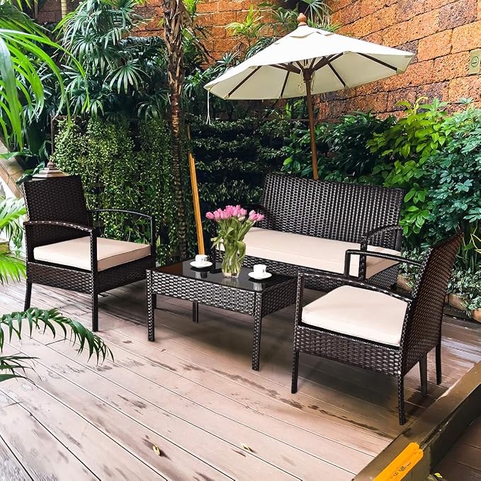 Tangkula 4 Piece Rattan Patio Furniture Set, All Weather Heavy Duty Wicker Outdoor Conversation Set, Includes Loveseat Bench, Single Chairs and Coffee Table, for Porch, Backyard, Garden, Poolside (1)