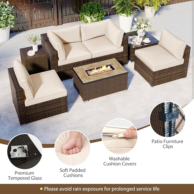 Tangkula 7 Pieces Outdoor Sectional Sofa Set Set with 32” Fire Pit Table and Propane Tank Cover, for Deck, Garden and Backyard, Fire Pit Protective Cover Included (Off White)