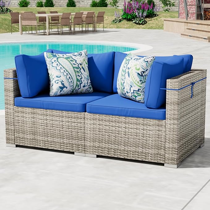 2 Piece Patio Furniture Set, Outdoor Wicker Patio Sofa Set, PE Rattan Sectional Couch and Blue Cushions, All-Weather 2 Piece Outdoor Patio Furniture Sets, Grey