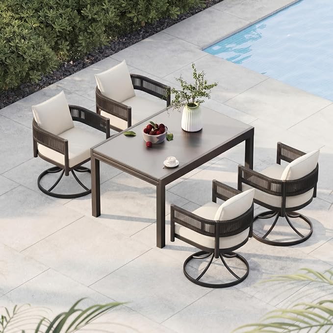 Grand patio 9-Piece Expandable Table Dining Set for 6 to 10, Aluminum Outdoor Dining Table with Glass Tabletop, Metal Woven Wicker Swivel Patio Chairs with Cushions for Yard, Poolside, Deck (Black)