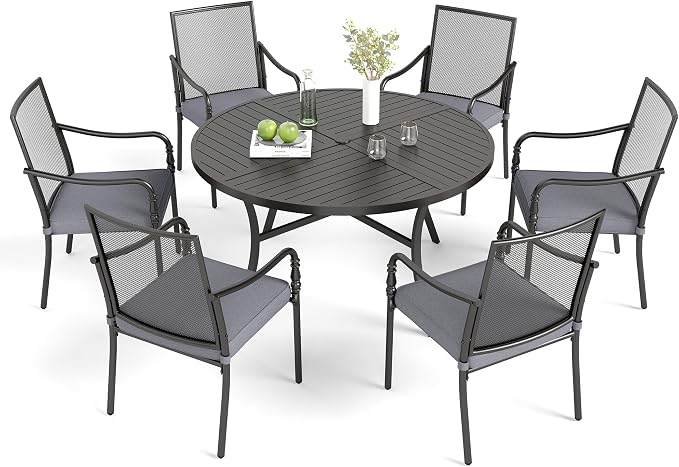 MIXPATIO 7 Pieces Outdoor Patio Dining Set for 6, Outdoor Table and Chairs Set, 6 Metal Chairs with Thickened Cushions, 54" Round Metal Table for Garden Backyard