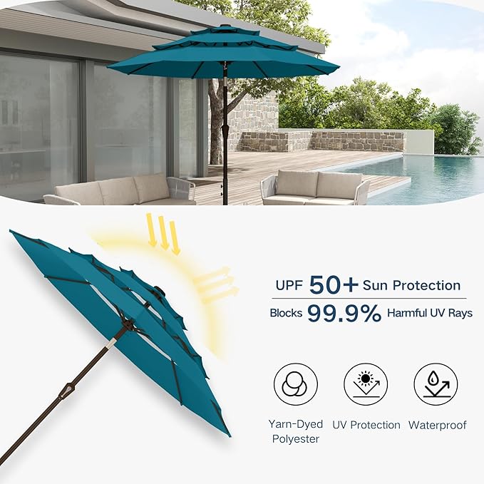 10FT Patio Umbrella 3 Tiers Outdoor Market Umbrella w/Push Button Tilt, Crank, UV and Waterproof Table Umbrella for Garden, Pool, Backyard, Deck, Lawn, Lake Blue
