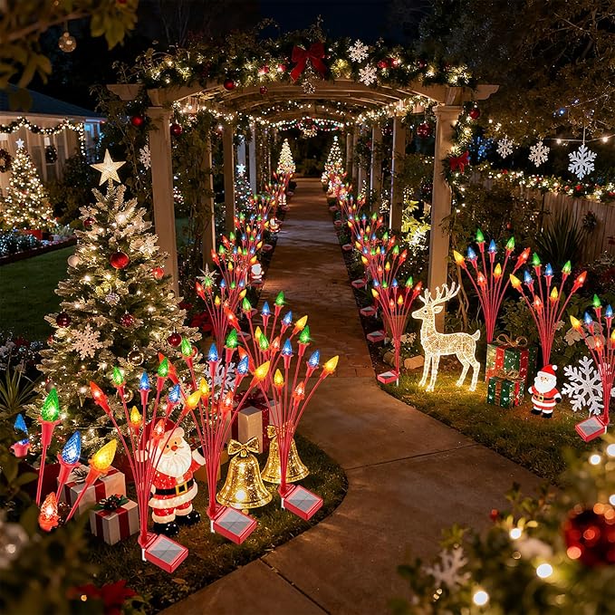 4 Packs Christmas Berry Solar Garden Light with Multiple Colors, Auto ON/Off Solar Lights Outdoor Swaying in The Wind, Christmas Decorating Outdoor Yard Light for Pathway, Pond, Courtyard