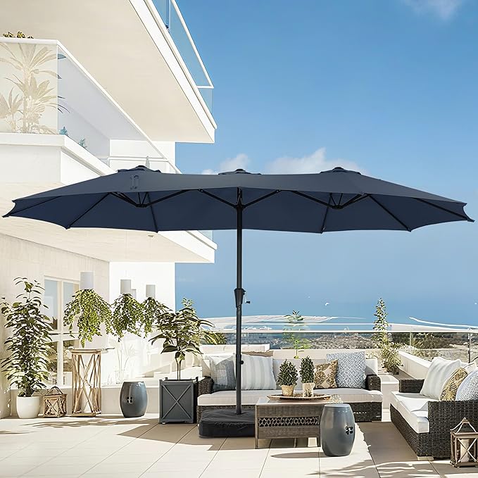 15 ft Patio Umbrella with Base, Large Rectangle Outdoor Umbrella with Matching Stand, Strap, Crank, Navy Blue