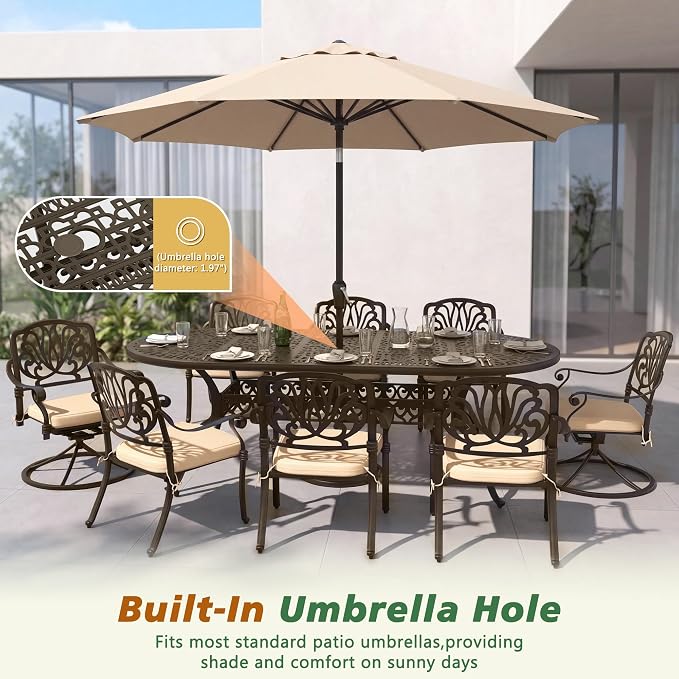 Patio Dining Table, 87" Outdoor Patio Table with Umbrella Hole Bronze Oval Cast Alluminum Patio Metal Dining Table, Outdoor Furniture for Backyard Lawn Balcony Deck