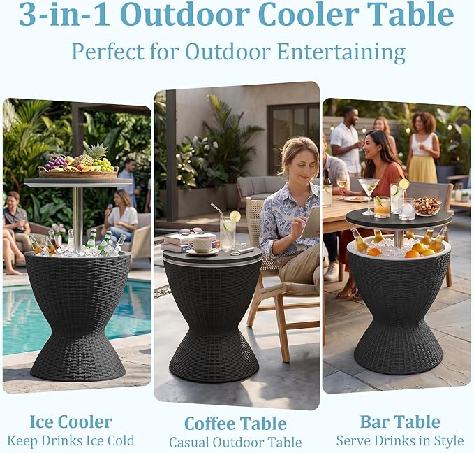 Outdoor Side Table, Cooler Bar Table, Weather Resistant Patio End Tables, Patio Furniture for Garden, Porch, Pool, Lawn, Backyard or Indoor (Black)