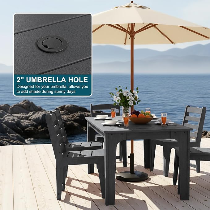 69" HDPE Rectangle Outdoor Dining Table for 6 Person, Black | Weather-Resistant Patio Furniture with Metal Support Bars and Umbrella Hole Cut-Out for Poolside Garden Backyard Deck