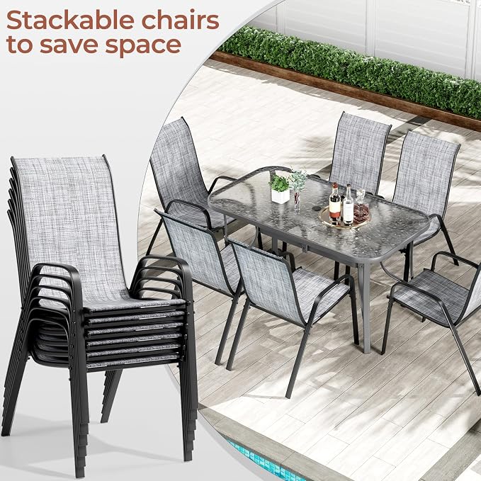 TLSUNNY Patio Dining Set for 6, Outdoor Table and Chairs W/1.69″ Umbrella Hole, 30"X 55" Table and Stackable Textilene Chair, All Weather Patio Furniture Set (Grey Table & Grey Chair)