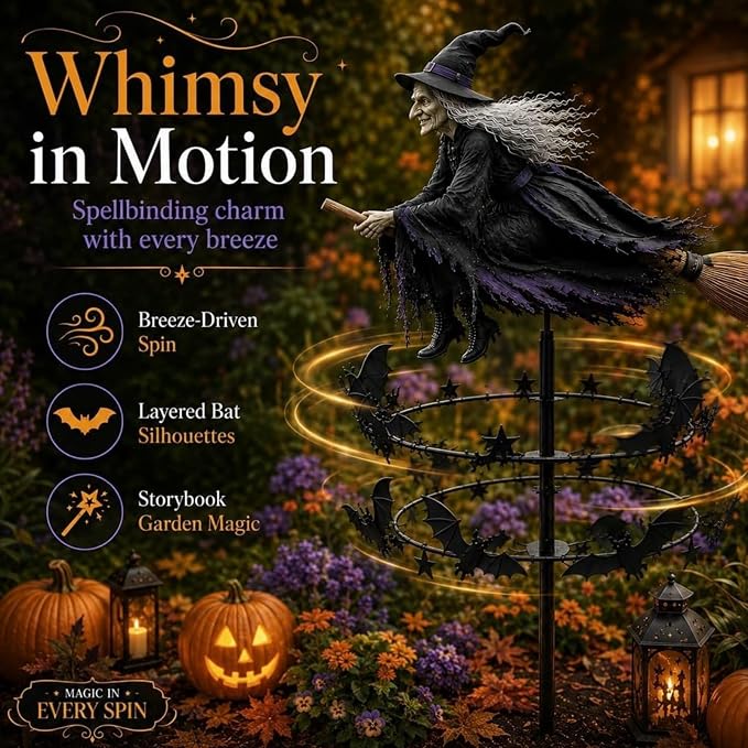 The Enchanted Witch Garden Wind Spinner, Metal Halloween Yard Art Outdoor Decor, Outdoor Garden Stake Decoration, Halloween Lawn Ornament, for Garden Patio Pathway Fall Decorations (2PCS)