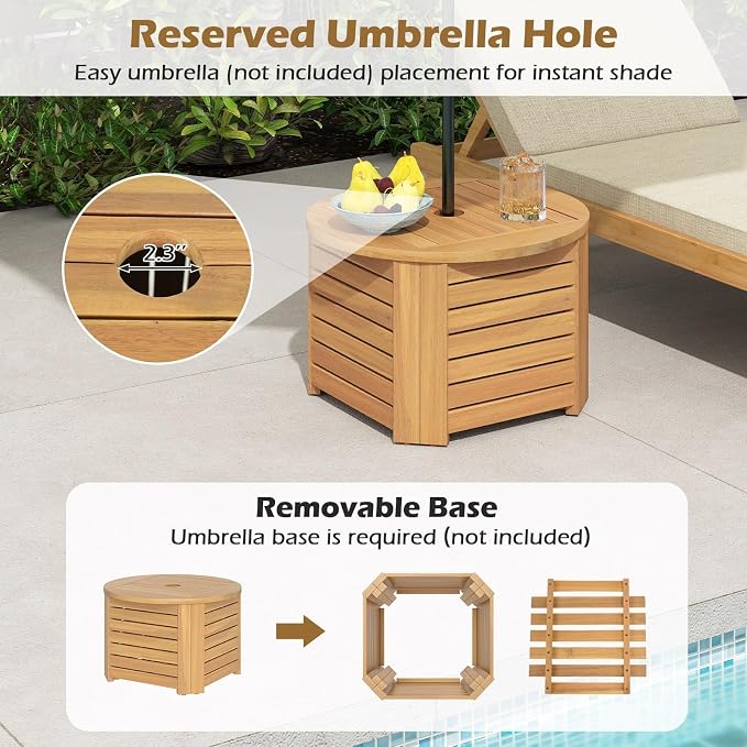 HAPPYGRILL Acacia Wood Outdoor Side Table with Umbrella Hole, Patio End Table with Storage, Removable Base, for Backyard, Balcony, Poolside