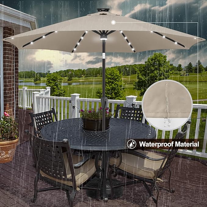 FLAME&SHADE 9 FT outdoor umbrella with 40LED lights, solar light patio umbrella with Centre Surround Light, Table Market Umbrella Outdoor Patiofor Deck, Pool, Backyard, Garden (Taupe)