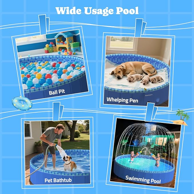 Pawtners 72'' Foldable Dog Pool for Large Dogs, 3 in 1 Portable Kids Swimming Splash Pool with Sprinkler & Light, Non-Slip Heavy Duty Hard Plastic Pet Bathing Tub for Outdoor Backyard
