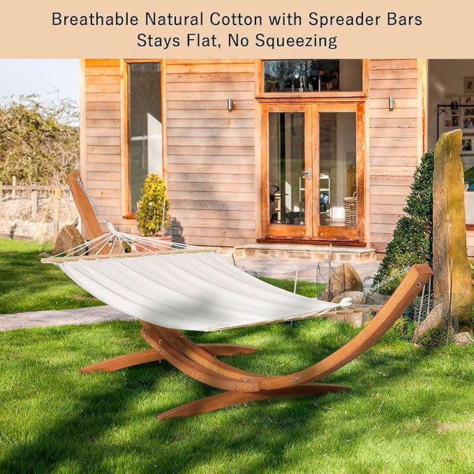 Outdoor Hammock with Stand, Heavy Duty Wood Hammock Stand, 13FT Free Standing Hammock with Breathable Cotton Bed & Spreader Bars, 330lbs Sturdy Backyard Hammock with Stand for Outside, White