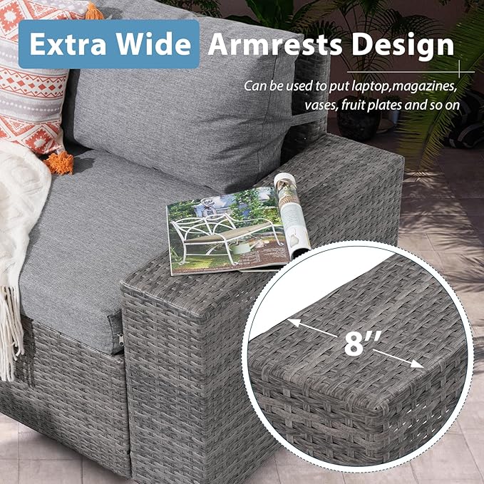 JOIVI 7-Piece Outdoor Set with Fire Pit Table - Versatile Wicker Sofa Set Arrangement with Blue Glass Beads & Safety Features, 2 Color Cushion Covers Available, Ideal for Outdoor Entertainment