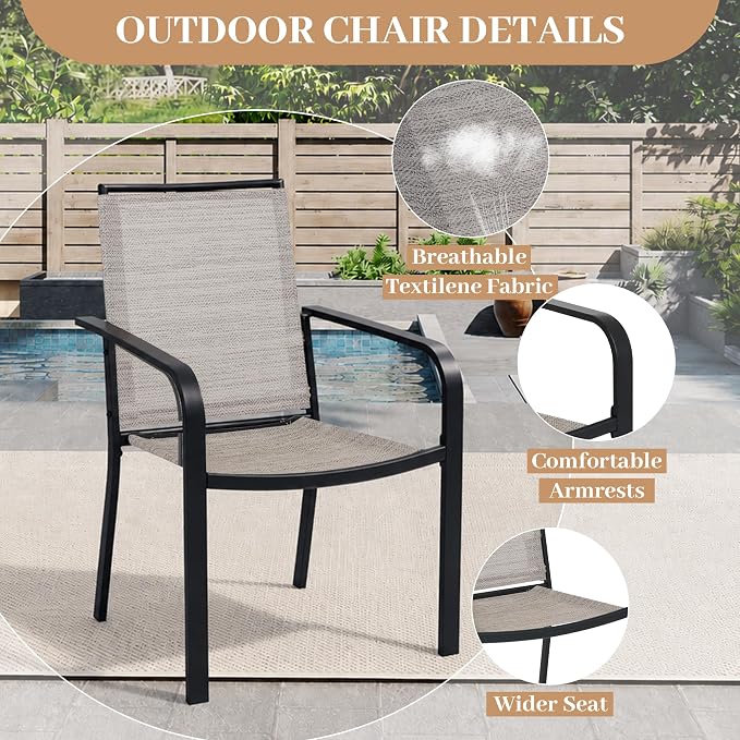 Anmutig 5-Piece Outdoor Dining Set, 35" Square Table with 1.57" Umbrella Hole, 4 Stackable Chairs, Black Steel Frame Beige White Fabric