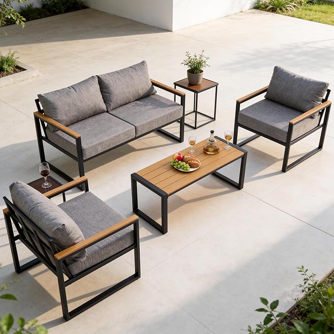 Furnimart 4-Piece Metal Patio Conversation Set, Deep Seating Outdoor Sofa with Coffee Table, Modern Small Space Furniture for Backyard, Deck, Poolside, Porch (Gray)