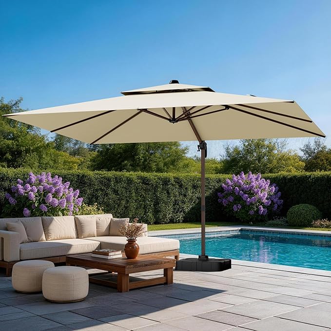 GENTEACO 10x13FT Wood Pattern Cantilever Patio Umbrella, Double Top Rectangle Offset Umbrella 7 Angle Tilts & 360° Rotation, Large Heavy Duty Outdoor Sun Umbrella for Pool Market, Beige