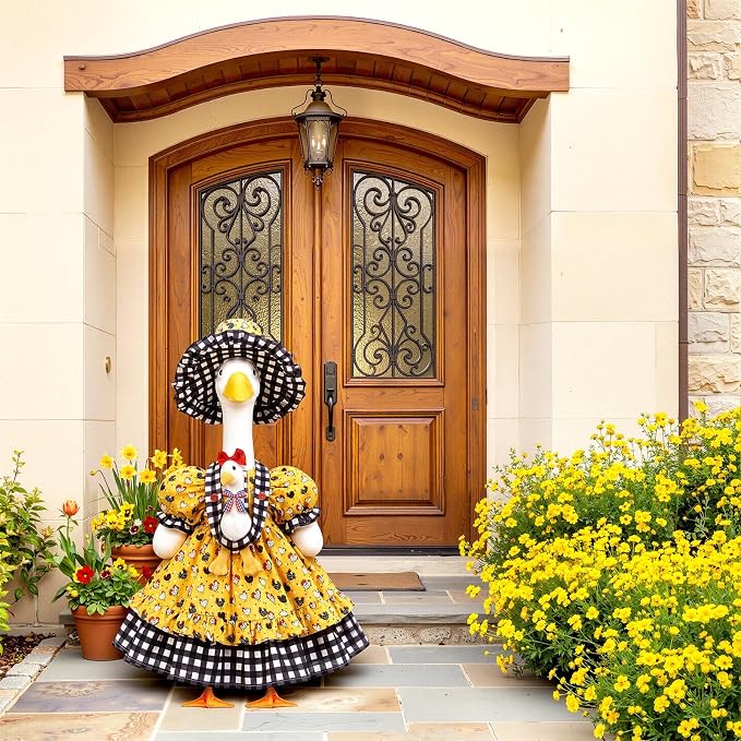 Porch Goose Outfit Set for 23 Inch Goose Statue, Spring Yellow Lolita Dress with Hat and 3D Baby Apron, Rustic Farmhouse Easter Summer Patio Yard Lawn Decor