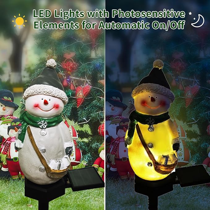 QH & Garden Resin Snowman Solar Lights Outdoor Waterproof - Christmas Garden Stake Lights for Outdoor Christmas Decorations, Snowman Stake Landscape Lamp for Patio Yard