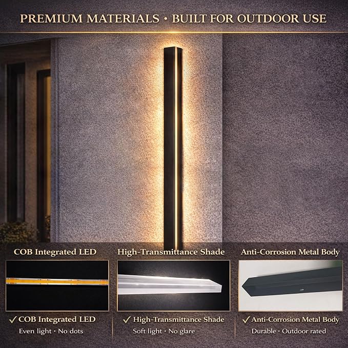 Long Outdoor Wall Lights, 47.24 Inches Exterior Lights, Waterproof Ip65 Linear LED Wall Sconce, 38W Elegant Rectangular Frosted Acrylic Warm White Lighting Fixture, Linear Lamps for Porch, Garage