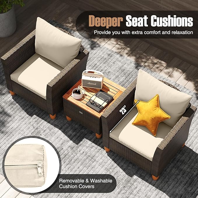 HAPPYGRILL 3-Piece Rattan Patio Conversation Set with Storage Table, Outdoor Wicker Sofa Furniture Set with Cushions for Balcony Backyard Porch