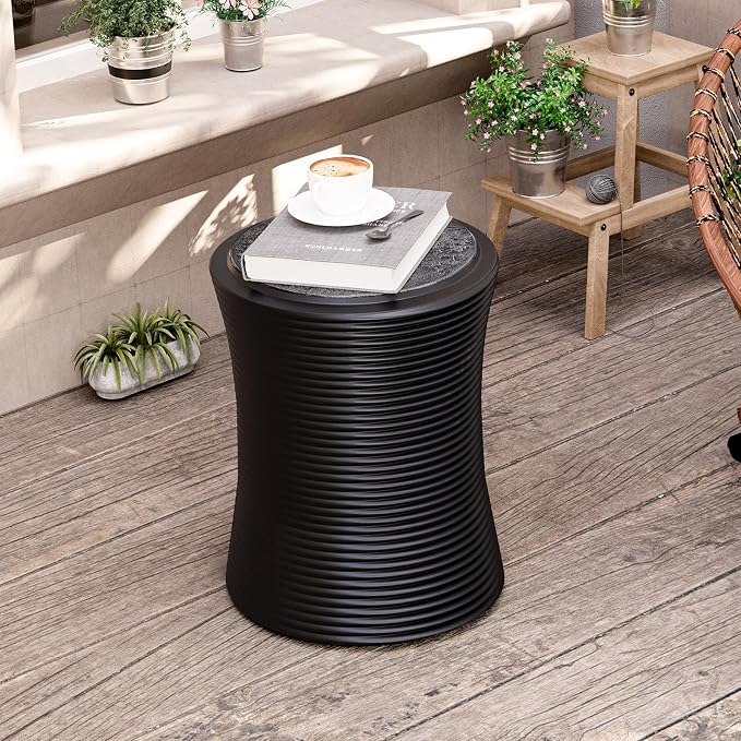 HOMPUS Concrete Outdoor Side Table w Cylindrical Thread, Round Coffee Table, Home Decor Plant Stand Outdoor Accent Table Patio Drum End Table for Living Room, Bedroom or Balcony, Black