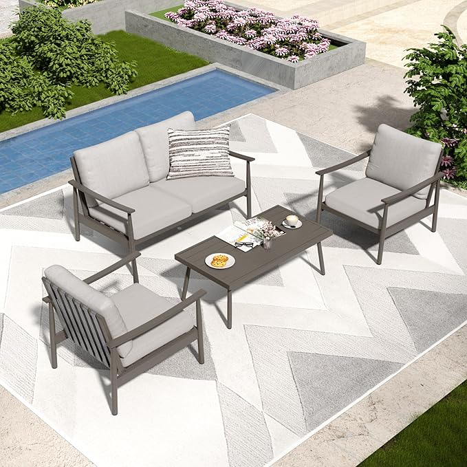 4 Pieces Patio Furniture Set, Aluminum Outdoor Patio Furniture Sets, 2 Armchairs and Loveseat with Thick Cushion, Patio Conversation Set for Backyard Deck Poolside, Greige & Grey
