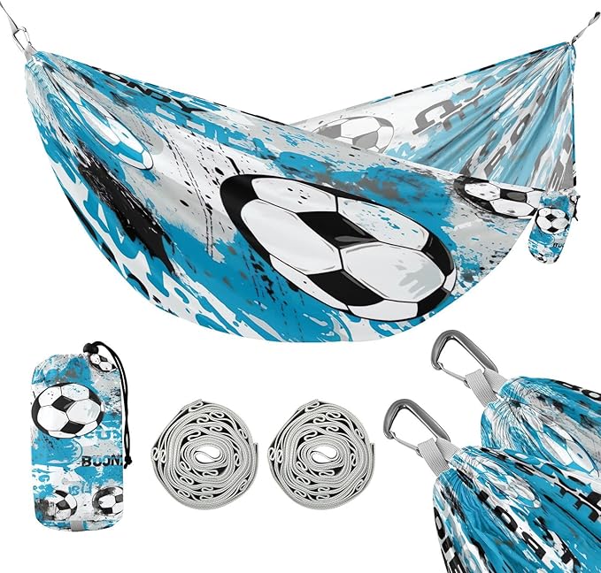 Qilmy Abstract Football Blue Camping Hammock Single – 330 lbs Capacity, Lightweight with Tree Straps & Carabiners, Portable for Hiking, Travel, Backpacking