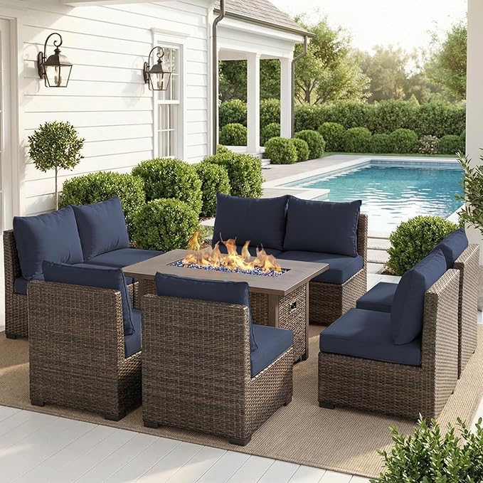 Patio Furniture Set with Fire Pit Table, Outdoor Sectional Rattan Sofa Set, Patio Set Seating Furniture with Thickened Cushions (Blue, 9 Pieces)