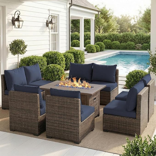 Patio Furniture Set with Fire Pit Table, Outdoor Sectional Rattan Sofa Set, Patio Set Seating Furniture with Thickened Cushions (Blue, 9 Pieces)