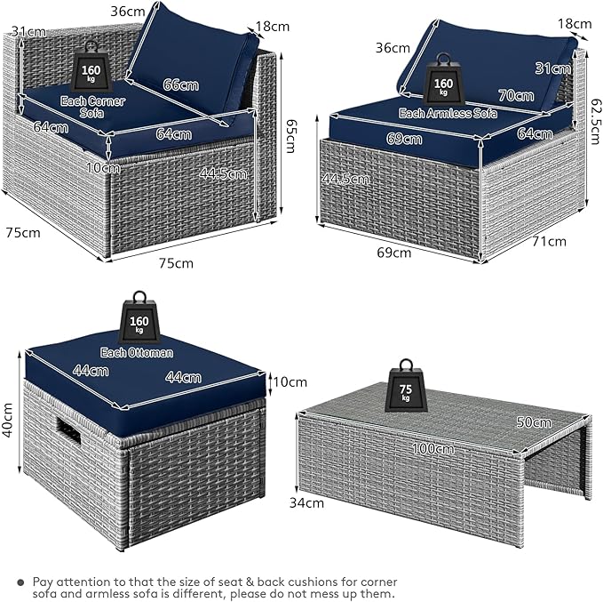DORTALA 8 Pieces Patio Furniture Set, PE Rattan Sectional Sofa Set with Tempered Glass Table & Waterproof Cushions, Outdoor Wicker Conversation Set for Balcony, Poolside, Navy