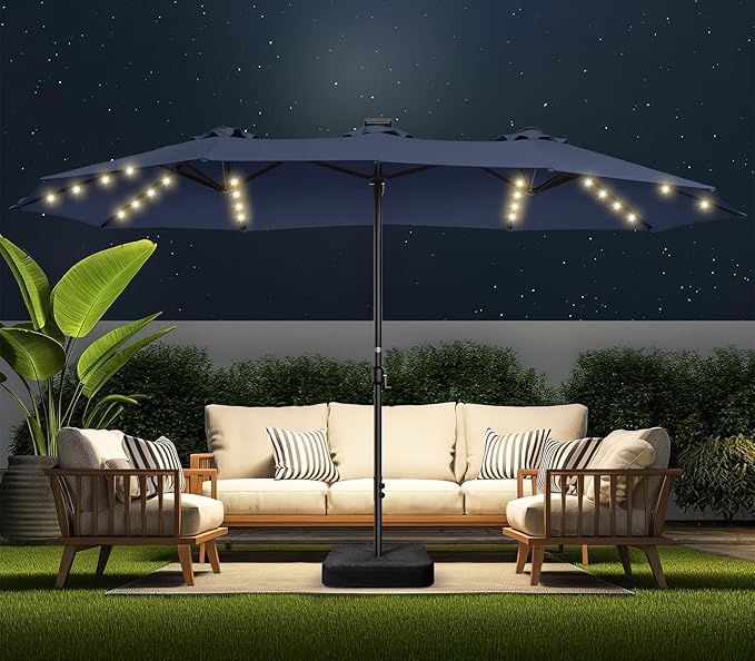 HOMSHADE Double Sided Patio Umbrellas - 15ft Solar Lights LED Lighted Outdoor Extra Large Market Table Umbrella with Base Included, Oversized Umbrella for Deck, Pool, Backyard
