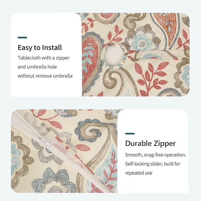 DYTXIII Outdoor Rectangle Tablecloth with Umbrella Hole and Zipper 84" x 60", Water Repellent Floral Picnic Cover, Fade & Wrinkle Resistant Tablecloth for Patio/Garden/Party Table, Paisley Vintage
