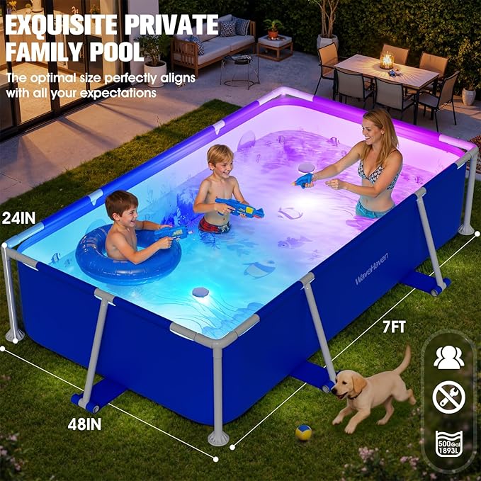 Above Ground Pool,2026 Frame Deep Swimming Pool with Pool Lights,Rectangle Family Pool,Above Ground Pool Easy Set,7ftx48inx24in Outdoor Pool,Backyard Pool for Kids,Adults,Pump Not Included