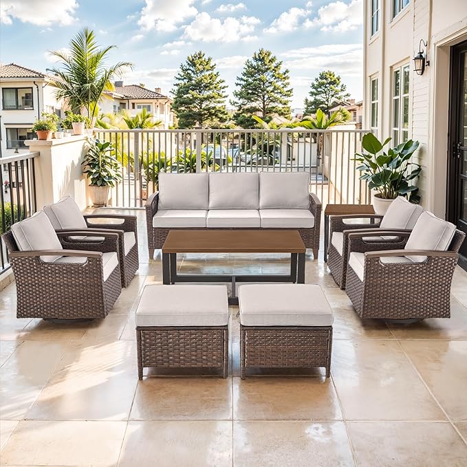 Luxury 9 Piece Heavy Duty Patio Furniture Set with Swivel Chairs - All Weather Wicker Comfort Thick Cushion Outdoor Conversation Set for Porch Poolside Deck - Beige