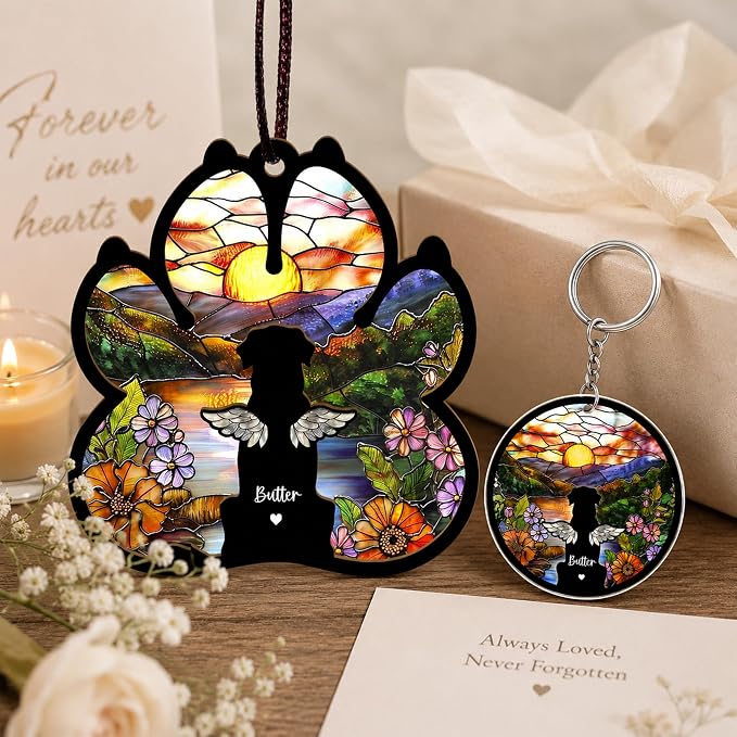 Personalized Pet Memorial Suncatcher, Custom Dog Cat Memorial Window Hanging with Photo & Name, Stained Glass Style Memorial Suncatcher, Rainbow Bridge Sympathy Gift for Pet Lovers
