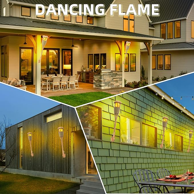 Upgraded Flickering Flames Solar Powered Lights - Solar Torches Waterproof Outdoor Decorative Lighting, Handmade Bamboo Finish, 2-Pack