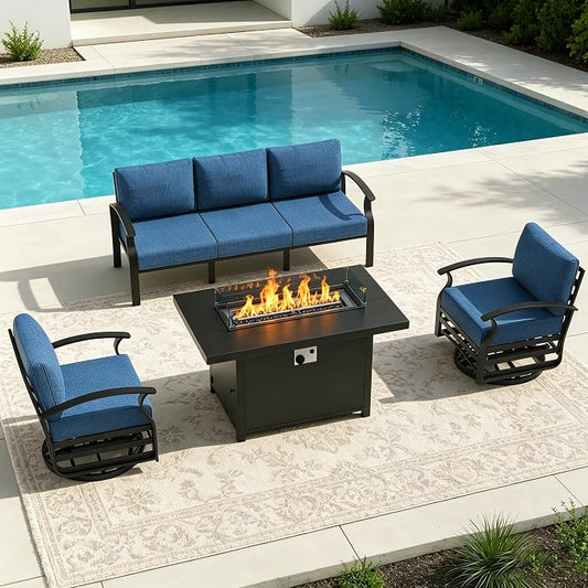 Aluminum Outdoor Patio Furniture Set,4 Pieces 5 Seats Patio Conversation Sets with 45" Propane Fire Pit Table,Metal Patio Sectional Furniture Set with 2 Swivel Rocking Chairs,Navy Blue