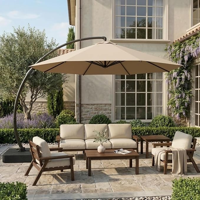 11 FT Cantilever Umbrella with Base Included, Large Round 360° Rotation Offset Umbrella Outdoor Patio, Heavy Duty Aluminum Frame, Sand-Weighted Stand, for Deck, Backyard, Poolside, Garden (Beige)
