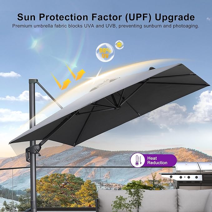 PURPLE LEAF Patio Umbrella 9' X 9' Rectangle Cantilever Umbrella Large Aluminum Outdoor Umbrellas with 360-degree Rotation & UPF40+ Premium Fabric for Deck Pool Garden Yard, Mist Grey