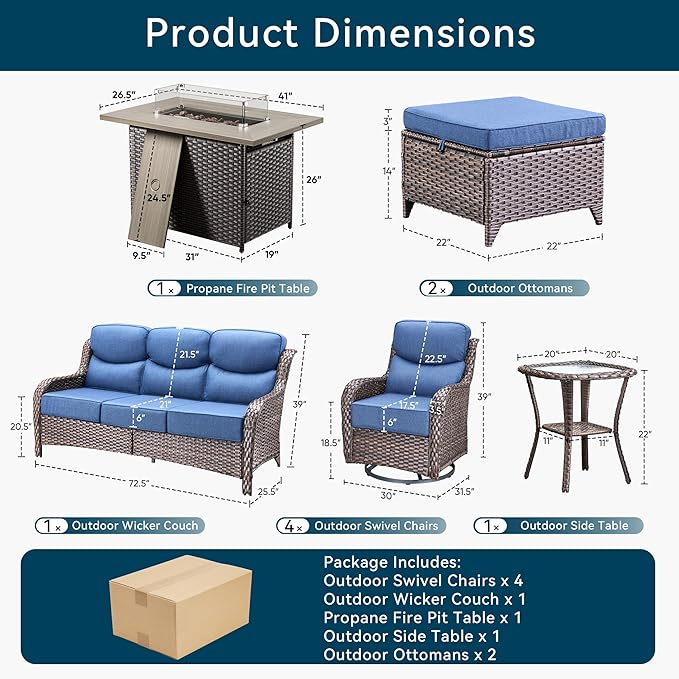 Luxury Patio Furniture Set with Fire Pit Table-10 Pieces All Weather Outdoor Swivel Rocker Chairs with Sofa and Ottomans. Outdoors Patio Conversation Sets for Porch Deck Garden Backyard(Brown/Blue)