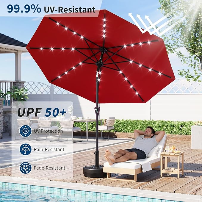 Garvee 10FT Solar Patio Umbrella with 32 LED Lights - Outdoor Table Umbrella with Crank Lift, Push Button Tilt and 8 Sturdy Ribs - Market Umbrella UV Protection for Pool, Deck, Yard, Garden -Red