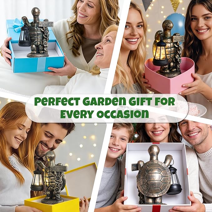 Solar Garden Statues, Resin Turtle Statue w/ Welcome Sign, Waterproof Figurine Solar Latern for Outside Yard Outdoor Home Patio Lawn Decor, Solar Animal Lights for Adults Women Birthday Easter Gifts